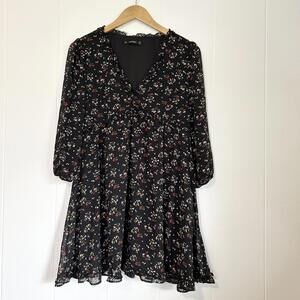 Hesperus Black Floral Ruffle Sheer Long Sleeve Mini Dress Women’s XL